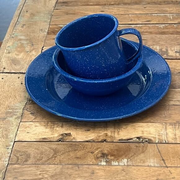 Enamelware Camping Dish Set of 1 Plate, Mug, and Bowl Blue White Speckled - Picture 11 of 12